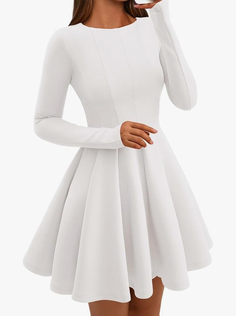 BTFBM Spring Dresses for Women 2026 Long Sleeve High Waist Pleated Flowy Aline Party Wedding Guest Dress Business Casual (M, White)