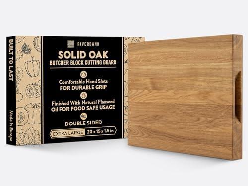 Riverbank Solid Wood Oak Butcher Block Cutting Board in Extra Large XL Size 20"x15"x1.5", Reversible Wooden Chopping Board with Handles, Gift Box Included