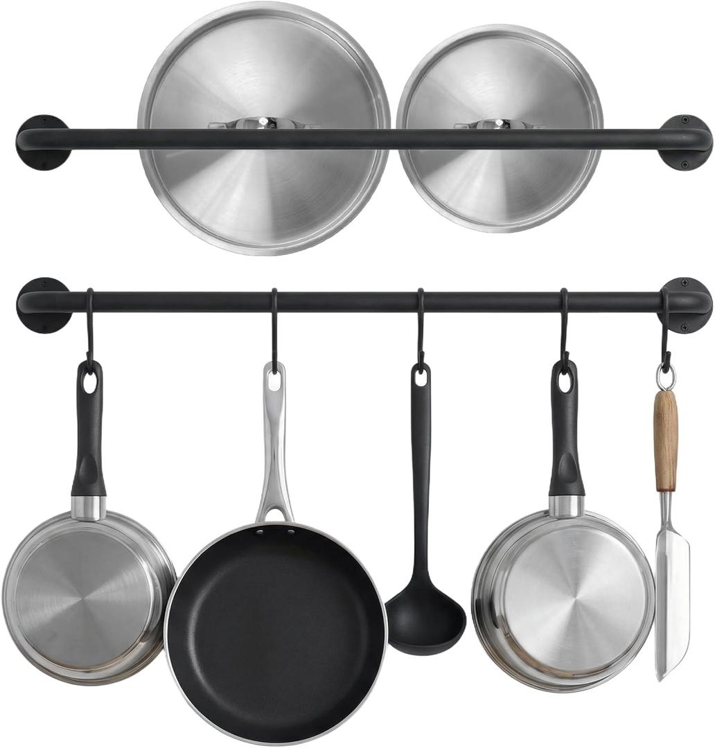 Black Steel-made Kitchen Utensil Rack Organizer Wall-mounted Pot Pan Wall Hanger Holder For Hanging Rail with 10 S Hooks