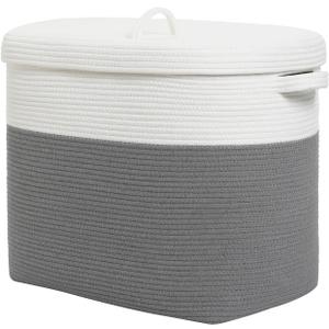 22”x14”x18” Rectangular Extra Large Storage Basket with Lid, Cotton Rope Storage Baskets, Laundry Hamper, Cloth Bin, for Clothes Blankets Storage in Living Room, Grey Basket with Lid