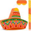 Mexican Sombrero Hat Pinata Mexican Themed Party Pinata Cinco De Mayo Pinata with Stick Blindfold for Cinco De Mayo Fiesta Carnival Birthday Party Games Supplies, 16.1x11.8x3.2 Inches