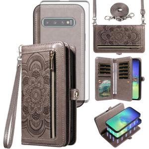 Asuwish Phone Case for Samsung Galaxy S10 Plus Zipper Wallet Detachable Cell Cover with Tempered Glass Screen Protector Crossbody Strap Flower Card Holder S10+ S10plus 10S Edge S 10 10plus Women Gray