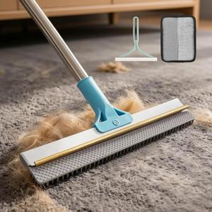 BFNN Carpet Rake for Pet Hair Removal | Reusable Dual-Action Carpet Broom Tool with Metal Scraper & Silicone Brush | 54" Adjustable Handle | 3Pcs Cat & Dog Fur Cleaning Kit for Rugs, Couch & Furniture (Blue)