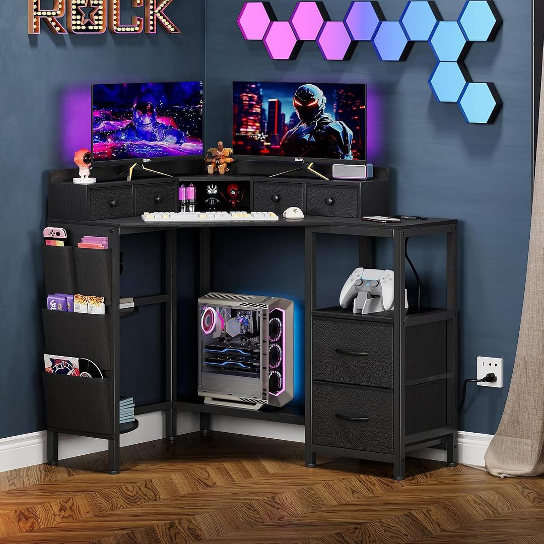VENNQD Corner Desk with 6 Drawers Shelves for Small Space Computer Desk with Power Outlets,Gaming Desk with Printer Monitor Stand Storage for Home Office Workstation Writing Table (Black, 31.5)