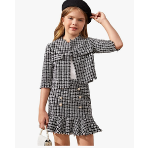WDIRARA Girl's 2 Piece Outfits Plaid Tweed Half Sleeve Jacket and Ruffle Mini Skirt Set, Size 9Y