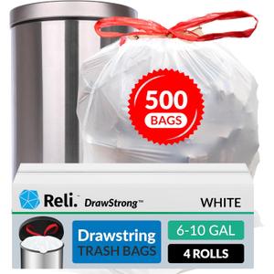 Reli. 6-10 Gallon Trash Bags Drawstring | 500 Count Bulk | 22"x23" | 6, 8, 10 Gallon Drawstring Garbage Bags | White Trash Can Liners | Small - Medium