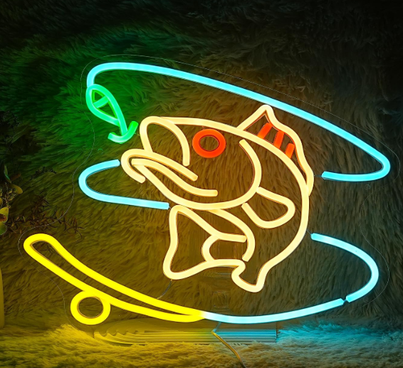Fishing Neon Sign Dimmable Fish Neon Light for Wall Decor LED USB Powered Fishing Hook Lights for Fishing Gear Store Yacht Man Cave Living Room Boys Gifts(Multicolor 15.7‘’*12.4‘’）