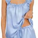 Silk Pajamas Set for Women Blue Satin 2 Piece Ruffle Pajama Soft Solid Color Tank Top and Shorts Sleepwear 2026 (Blue, XL)