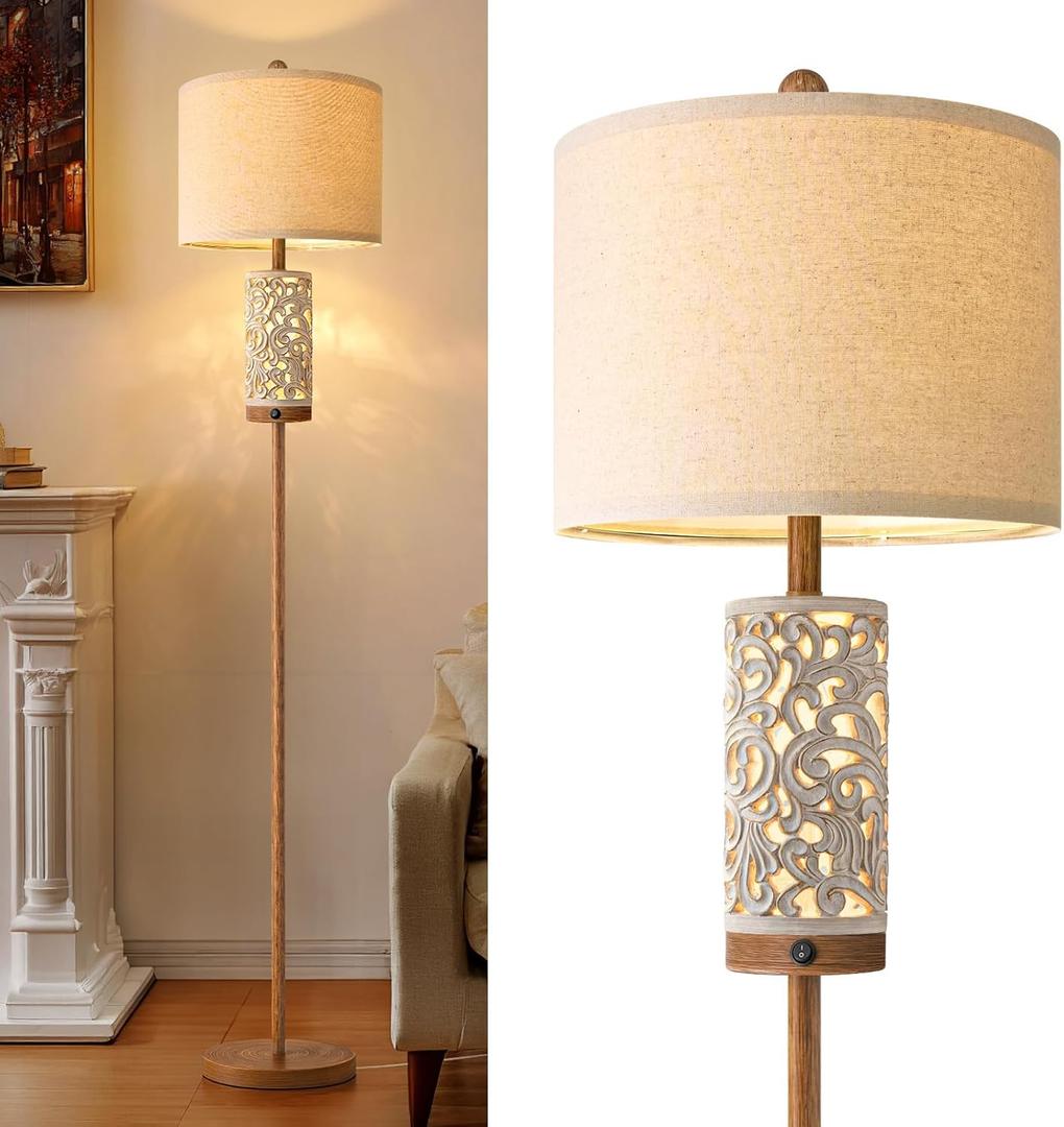 OYEARS 65" Floor Lamp with Night Light,Farmhouse Floor Lamps for Bedroom,Tall Floor Lamp for Living Room,Vintage Standing Lamps with Linen Shade,Modern Reading Lamp for Home Decor(Bulbs Included) (Brown -)