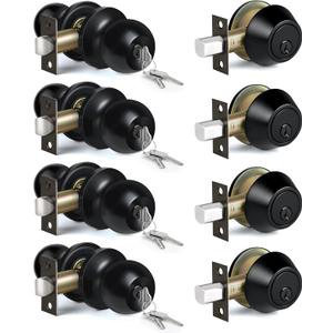 BESTTEN 4 Pack All Keyed Same Exterior Door Knob with Key Lock and Deadbolt, for Entrance and Front Door, Matte Black