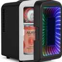 Antarctic Star Mini Fridge 4 Liter/6 Cans Portable Mini Compact Refrigerator with Gaming Light, for Bedroom,Car,Office and Dorm, Small Cooler for Cosmetics, Beverage and Food, Black