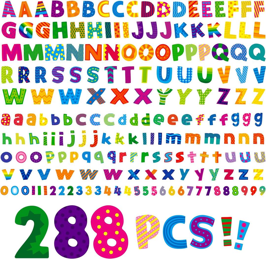288 PCS Alphabet Combo Set, Bulletin Board Letters Including 78pcs Uppercase Letters, 78pcs Lowercase Letters, 30pcs 0-9 Numbers & Punctuation, Chalkboard Classroom Letters for Home School Room Decor (Colourful)