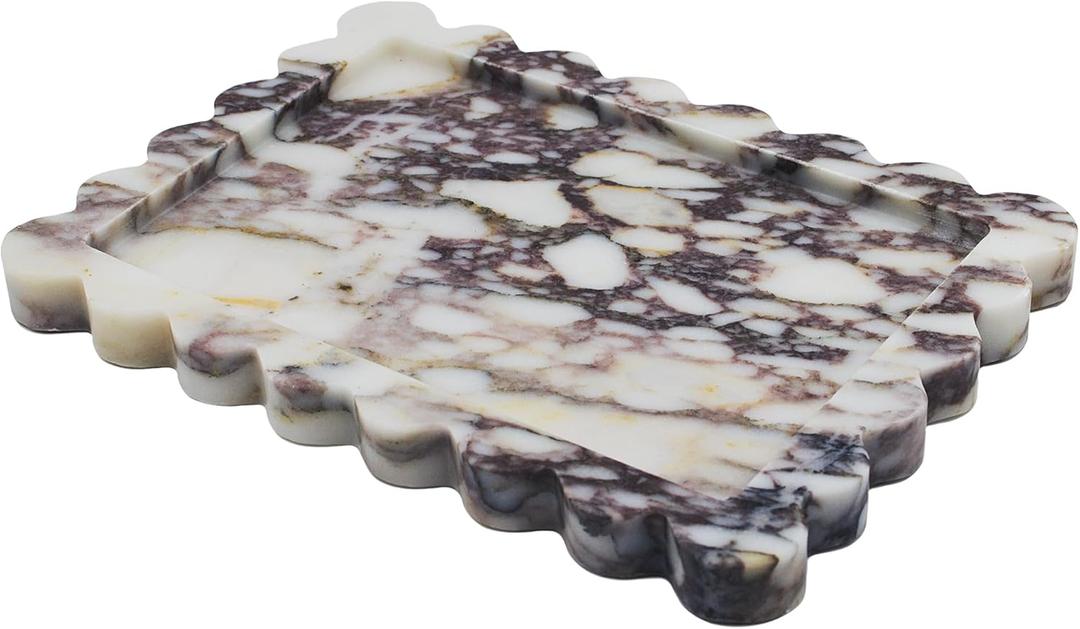 Genuine Calacatta Viola Scalloped Marble Tray, Real Natural Marble Stone Tray, Luxury Decorative Trays for Bathroom, Dresser, Vanity, Kitchen, Home Decor, 10.6" x 8", Calacatta Viola Purple