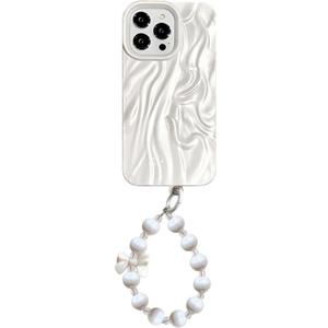 Aaknhen Compatible for iPhone 13 Pro Chain Case with Pearl Strap Aesthetic Water Ripple Curly Wave Shape Soft Silicone Protective Case for Women Girl(iPhone 13 Pro,Wrinkle) White