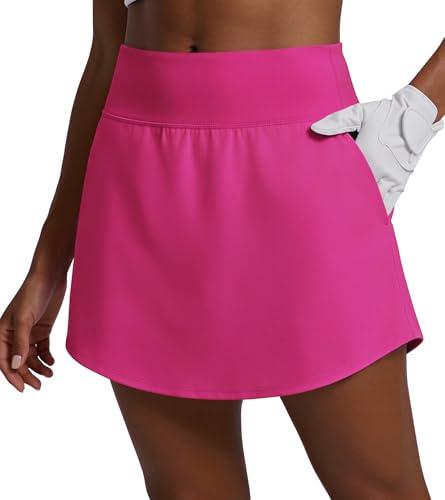 PINSPARK Womens Tennis Skirt Quick Dry Golf Skirts Curved Hem Athletic Skort High Waisted Pickleball Skorts with 4 Pockets, Hot Pink Small