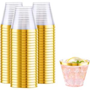 WELLIFE 200 PCS Gold Plastic Cups,9 oz Clear Plastic Cups,Disposable Wine Glasses,Plastic Cocktail Glasses for Party and Wedding