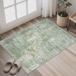 Soalmost 2x3 Abstract Washable Rugs for Kitchen, Floor, Entryway, Powder Room Small Area Rug Non-Slip Vintage Low Pile Throw Door Mat Green Ivory