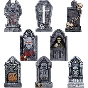 Roberly 8 Pcs Halloween Tombstones Outdoor, 16.5" Graveyard Yard Decorations for Halloween Gravestones Signs with Stakes Scary Cemetery RIP Skeleton Headstones Yard Lawn Garden Decor
