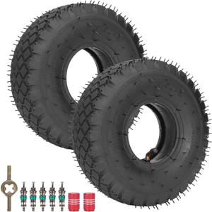 RUTU 2 Pack 4.10/3.50-4 Replacement Tire+Inner Tube with Bent Valve Stem for Lawn Mower Hand Truck Wheelbarrow Trailers Dollies Wagon Snowblower Compressor Generator Chipper All Purpose Utility (OFF-ROAD TIRES)