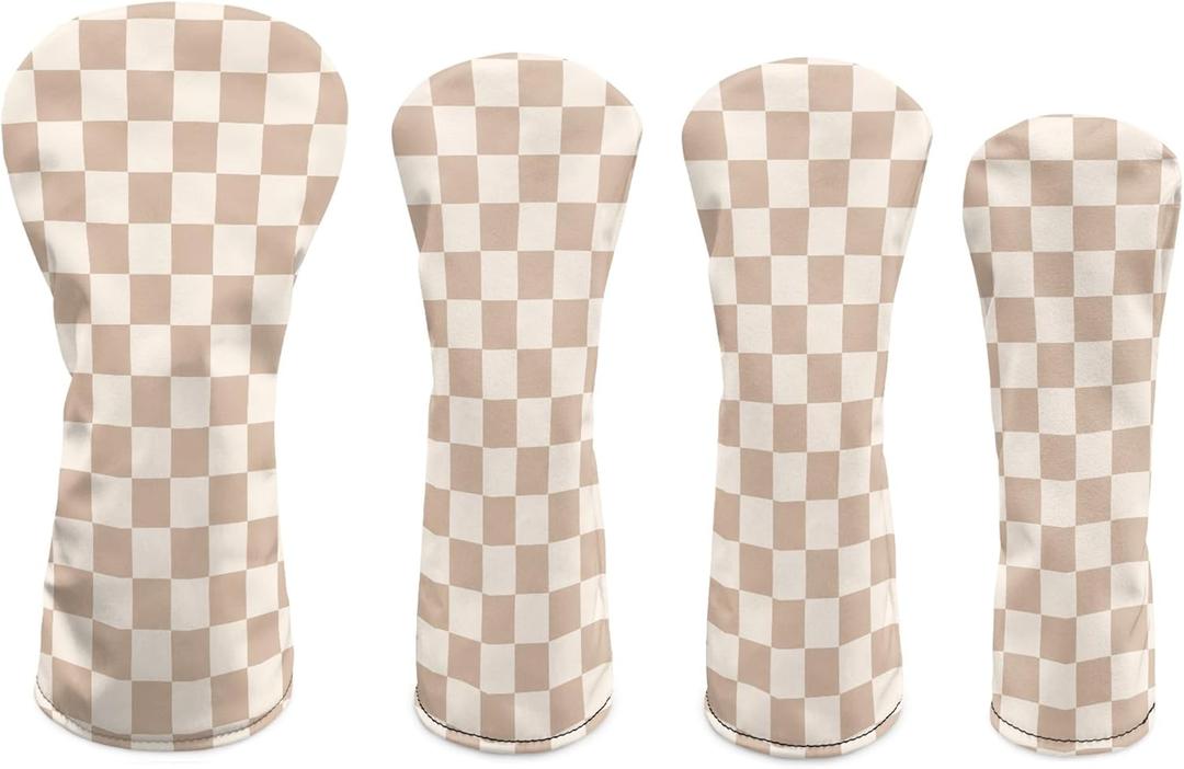 Golf Head Covers for Woods and Driver Fairway Hybrid Funny PU Leather Golf Club Head Covers for Women Men Golf Accessories for Halloween Christmas Birthday Present (Wood Set - 4 Pcs, Beige Checkered)