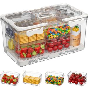 Large Snackle Box Container, Picnic Basket with Lid and Handle, 8 Big Compartment Clear Organizer Divided Serving Tray for Biscuit, Fruits, Charcuterie - Perfect for Travel, Picnic, Beach & Party