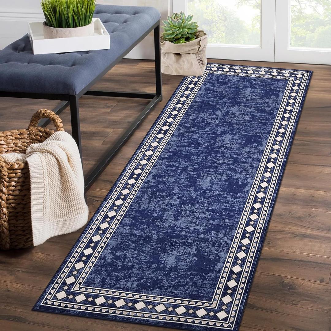 CAROMIO Runner Rug - Modern Bordered Hallway Runner, Washable Stain Resistant Non-Slip Carpet, Minimalist Border Floor Cover for Entryway, Navy, 2' x 6'