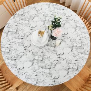 LIBERECOO Round Vinyl Fitted Tablecloth with Flannel Backing Elastic Edge Table Cover Waterproof Stain-Resistant Wipeable Tablcloths Fits 45-56" Round Tables (White Marble)