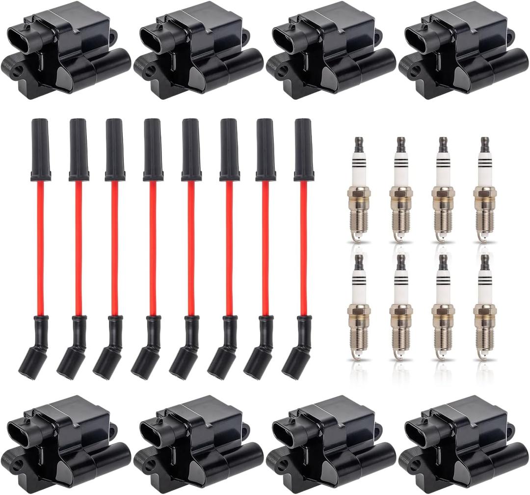 ENA Set of 8 Square Ignition Coil 8 Platinum Spark Plug and Red Wire Set Compatible with Chevrolet Chevy GMC Hummer Avalanche Savana 1500 2500 3500 Sierra H2 4.8L 5.3L 6.0L for UF271 748EE 41962