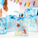 Sinload 25 Pcs Baby Shower Gifts Bags for Guests Clear Plastic Gift Bag with Die Cut Handles Reusable PP Flower Bag with Ribbon for Gender Reveal Party Guest Gift, 7x10x3.15 Inch(Boy), 1 count