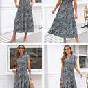BLENCOT Womens Cotton Floral Maxi Dresses Casual Flowy Boho Dresses Summer Ruffle Short Sleeve V Neck Dress with Pockets (L)