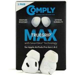 Comply TrueGrip MAX | Premium Memory Foam Replacement Earbud Tips for Apple AirPods Pro 1 & 2 | Long Lasting Comfort, Extreme Durability, Secure Fit, Superior Noise Isolation| White (Medium) (1 Pair)