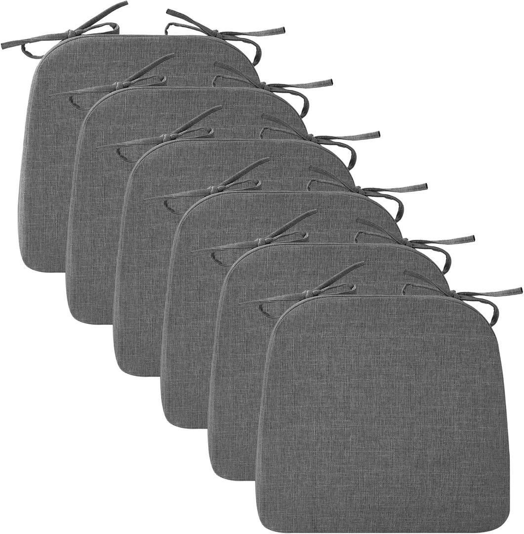 Chair Cushions for Dining Chairs, 2" Thick Seat Cushions for Kitchen Chairs, D-Shaped Chair Pads with Washable Cover, Ties and Non Slip Backing, 17'' x 16'', Set of 6, Dark Grey