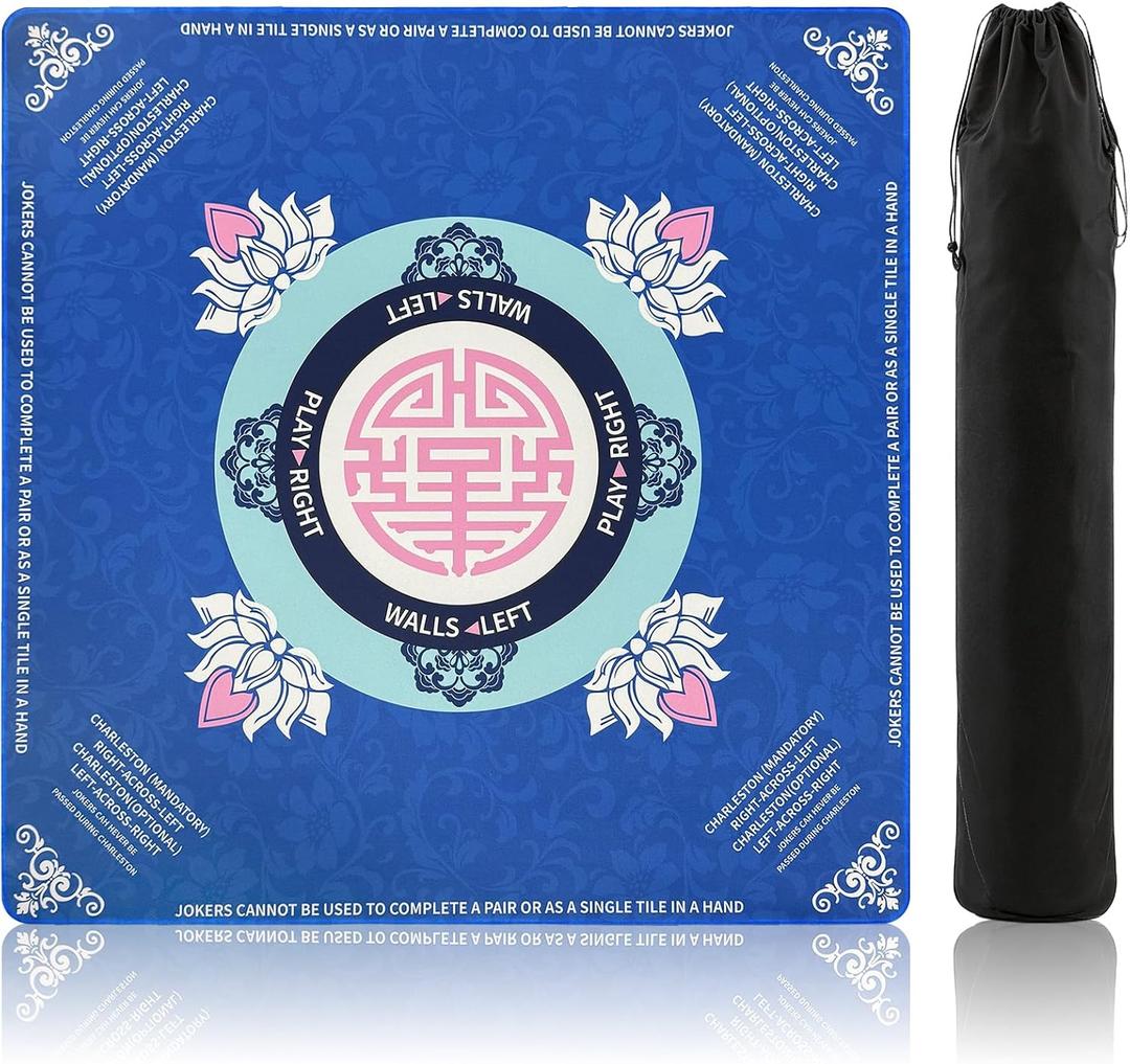 Mahjong Mat - 31.5x31.5 Non-Slip, Noise Reducing & Waterproof Game Mat for Mahjong, Poker, Dominoes, Tabletop Protection with Carry Bag, Mahjong Mat for Table & Mahjong AccessoriesBlue Lotus