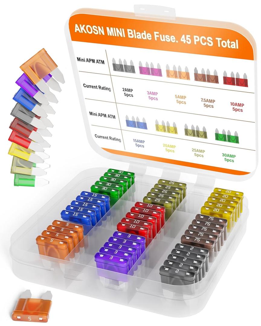 Mini (Dual Blade) / APM, ATM/Car Fuse Assortment Kit, 45 Pieces, Automotive Blade Fuse, 9 Current Ratings - 2A/ 3A/ 5A/ 7.5A/ 10A/ 15A/ 20A/ 25A/ 30 amp