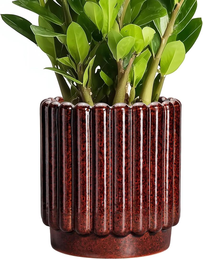 Ceramic Pots for Plants - 7.6 Inch Indoor Planter, Decorative Plant Pots with Drainage Hole, Fluted Ceramic Flower Pots, Round Planter Outdoor, Patio Decor, Gifts for Plant Lovers, Red (Leopard Print Red)