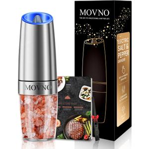 Gravity Electric Salt and Pepper Grinder Set, Battery Powered LED Light One Hand Automatic Operation, Adjustable Coarseness Mill Grinders Shakers Black (G.Silver 1p)