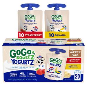 GoGo squeeZ yogurtZ Variety Pack, Strawberry & Banana, 3 oz (Pack of 20), Kids Snacks Made from Real Yogurt and Fruit, No Fridge Needed, Gluten Free, Nut Free, Recloseable Cap, BPA Free Pouches (EXP 10/08/26)