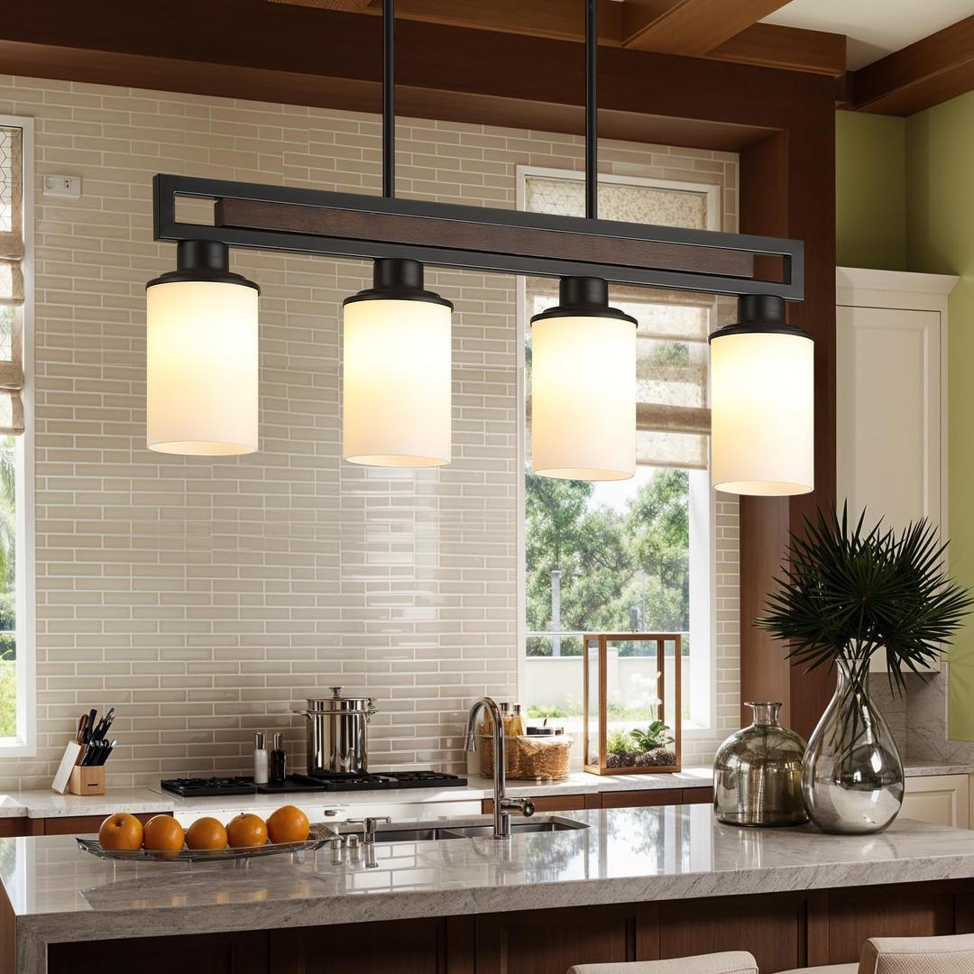 Farmhouse Dining Room Light Fixture, 4-Light Wood Kitchen Island Lighting for Dining Room Over Table, Black Adjustable Pendant Light with Milk Glass Shades, Linear Chandeliers Lighting for Kitchen