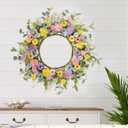 24" Front Door Wreath for Spring Summer Floral Seasonal Wreath with Colorful Flower Vibrant Artificial Daisy &Eucalyptus with Berries for Indoor & Outdoor Wall Home Decor (Pastel Multicolored)