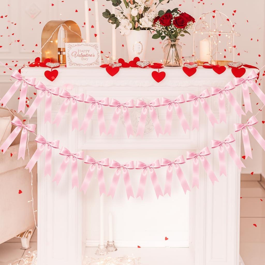 2 Pcs Pink Bow Garland Banner, Pink Satin Ribbon Valentines Day Decorations Pre-Strung Bow Garland Party Supplies for Classroom Decor Wedding Birthday Baby Shower
