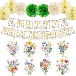 Retirement Party Decorations, 18 Pcs Wildflower Happy Retirement Decor with Banner Hanging Swirls Honeycomb Balls & Paper Pom Poms for Women Office Farewell Celebration Indoor Party Supplies
