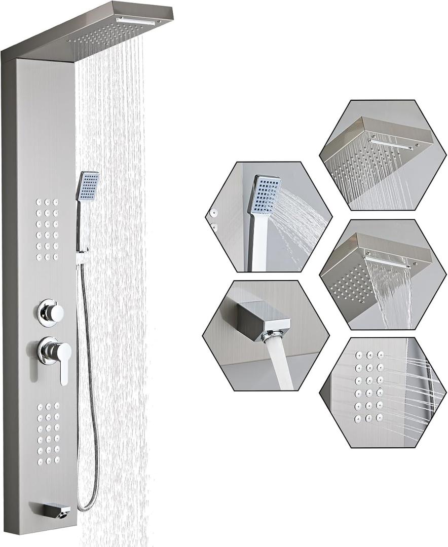 Shower Panel Tower System 5-in-1 Shower Panel Tower with Powerful Body Massage, Rainfall, Waterfall,Handheld and Tub Spout, Stainless Steel Shower Column - Brushed Gray