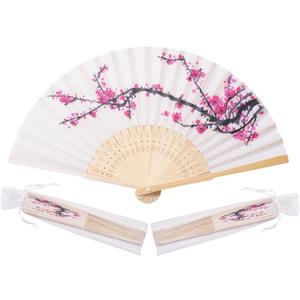 Sepwedd 50pcs Plum Blossom Design Imitated Silk Fabric Fan Bamboo Folded Hand Fan Bridal Dancing Props Church Wedding party favors with Organza Bags