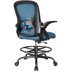 Drafting Chair,Tall and Standing Desk Chair with Flip-up Armrests, Ergonomic Comfy Lumbar Support and Adjustable Footrest Ring Office/Computer Chair (Black-Blue) (with Foot Ring)