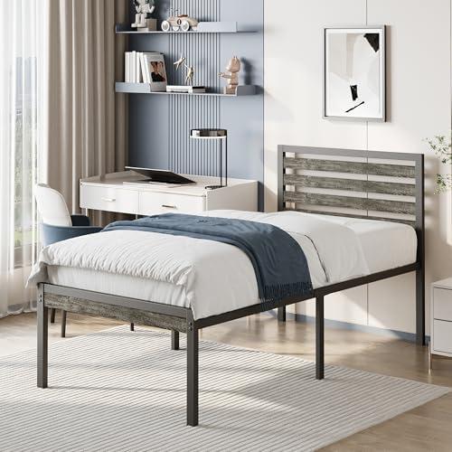 Yicensen 18 Inch Metal Twin XL Bed Frames with Gray Wooden Headboard, Heavy Duty Tall Twin XL Platform Bed Frame with Steel Slat Support, Noise Free, No Box Spring Needed, Easy Assembly
