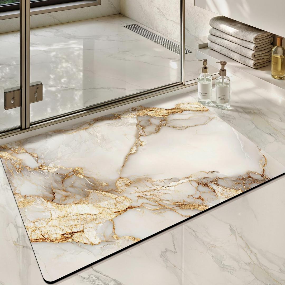 Color&Geometry Ultra Thin Bathroom Rugs Non Slip,Absorbent Quick Dry Bath Mats for Bathroom,Thin Bath Rugs Washable with Rubber Backing Fit Under Door Outside Shower,Gold-Veined White Marble,16"x24"