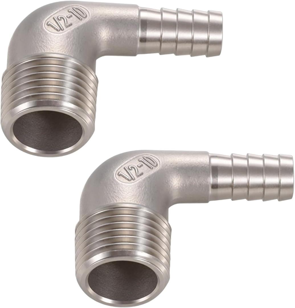 3/8" Hose Barb x 1/2" Male NPT 304 Stainless Steel 90 Degree Elbow- Home Brew Pipe Fittinglead-free2 pcs