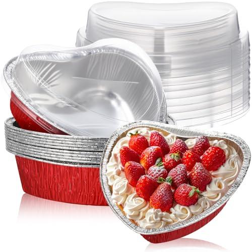 Hushee 12 Pcs 27oz Valentines Heart Shaped Aluminum Foil Cake Pan with Lids 7.4" Red Large Disposable Valentines Food Baking Pan Packing Tins Takeaway Containers for Valentine's Day Party Supplies