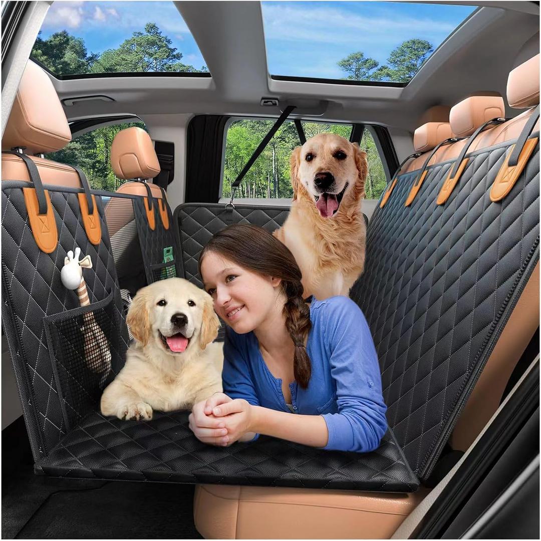 Hard Bottom Back Seat Extender for Dogs, Odorless Materials Dog Car Seat Cover Holds 300lbs with 2 PCS Retractable Dog Seat Belt and 2 PCS Pet Collapsible Bowls, for Car SUV Truck