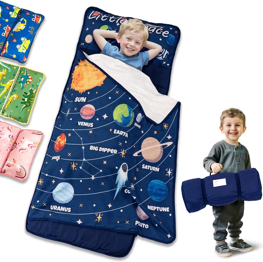Primlect Toddler Nap Mat, Portable Rolled Design Perfect for Daycare Travel, 51x31 All-in-One Sleeping Bag with Removable Pillow and Fleece Blanket for Boys Girls, Machine Washable